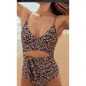 Aerie One Piece Swimsuit Leopard Print Cutout Back Tie Size Medium